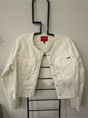 GUESS White Eyelet Cropped Denim Jacket